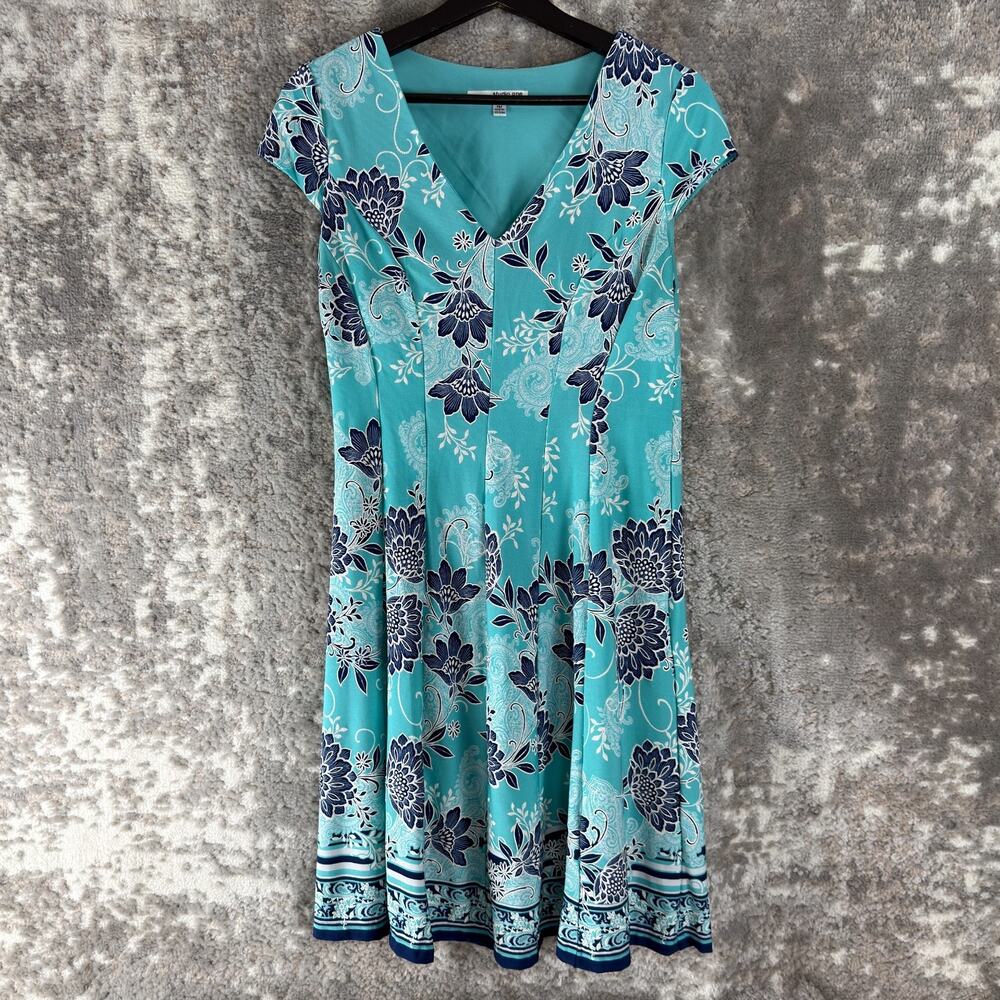 Studio One Petites Size PM Floral Print Stretch Fit Flared Dress Blue Cap Sleeve